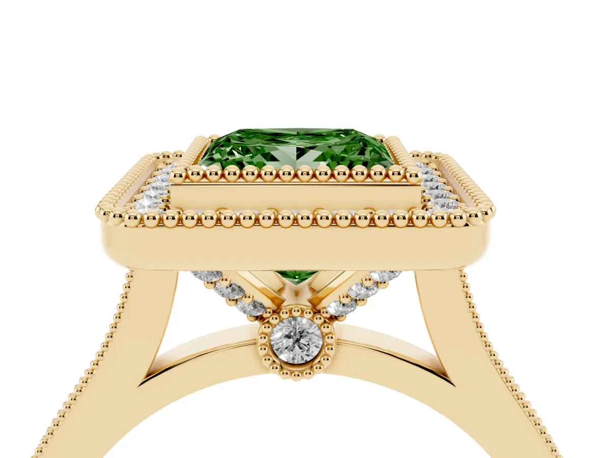 Fancy Green Princess Cut Diamond Halo Ring with Milgrain Frame and Pavé Band Yellow gold