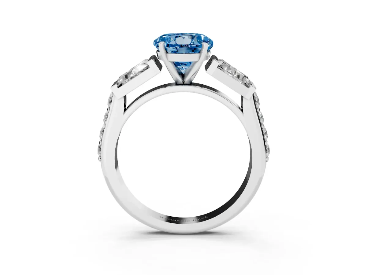 Fancy Blue Round Cut Diamond Engagement Ring with Baguette Side Stones and Channel Set Band White gold