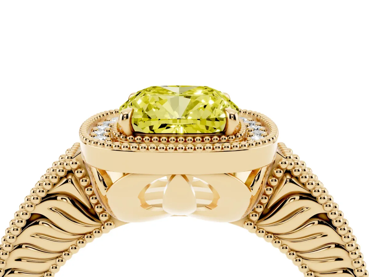 Fancy Yellow Cushion Cut Cut Halo Diamond Ring with Pavé Band and Four-Prong Setting Yellow gold
