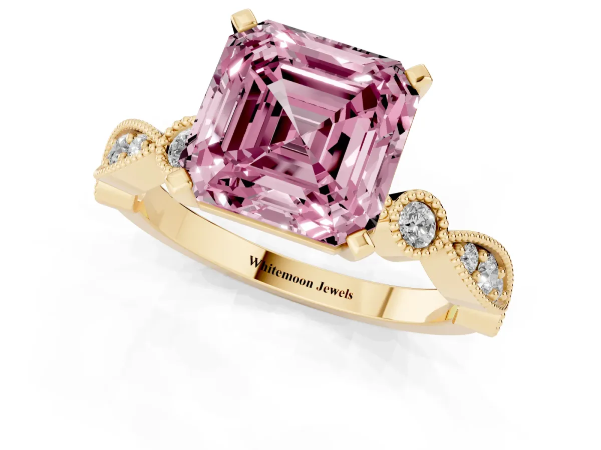 Fancy Pink Asscher Cut Milgrain Bezel Diamond Engagement Ring with Solitaire Prong Setting Yellow gold