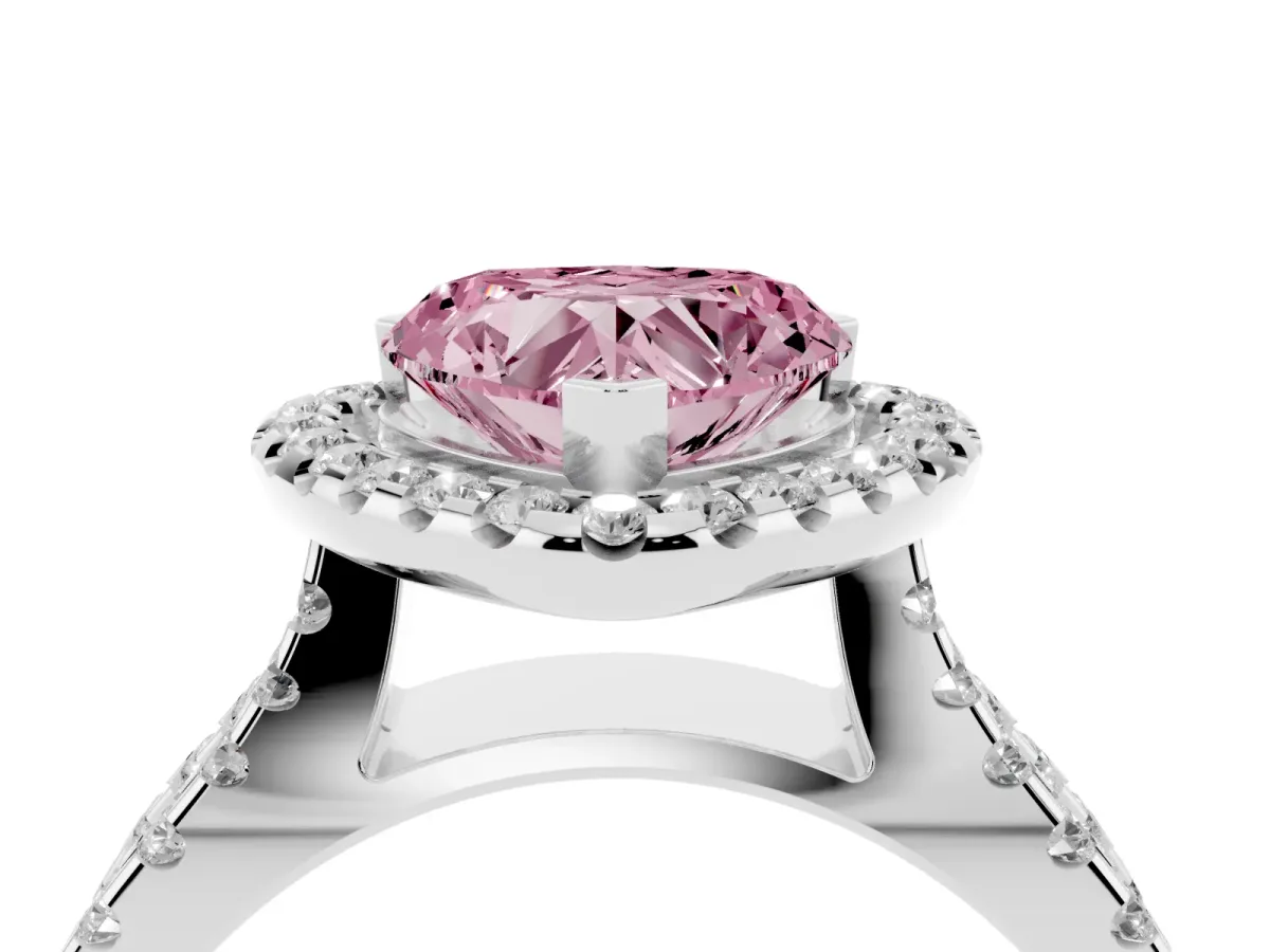 Fancy Pink Heart Cut Diamond Halo Ring with Split Shank Pavé Band and Prong Setting Silver