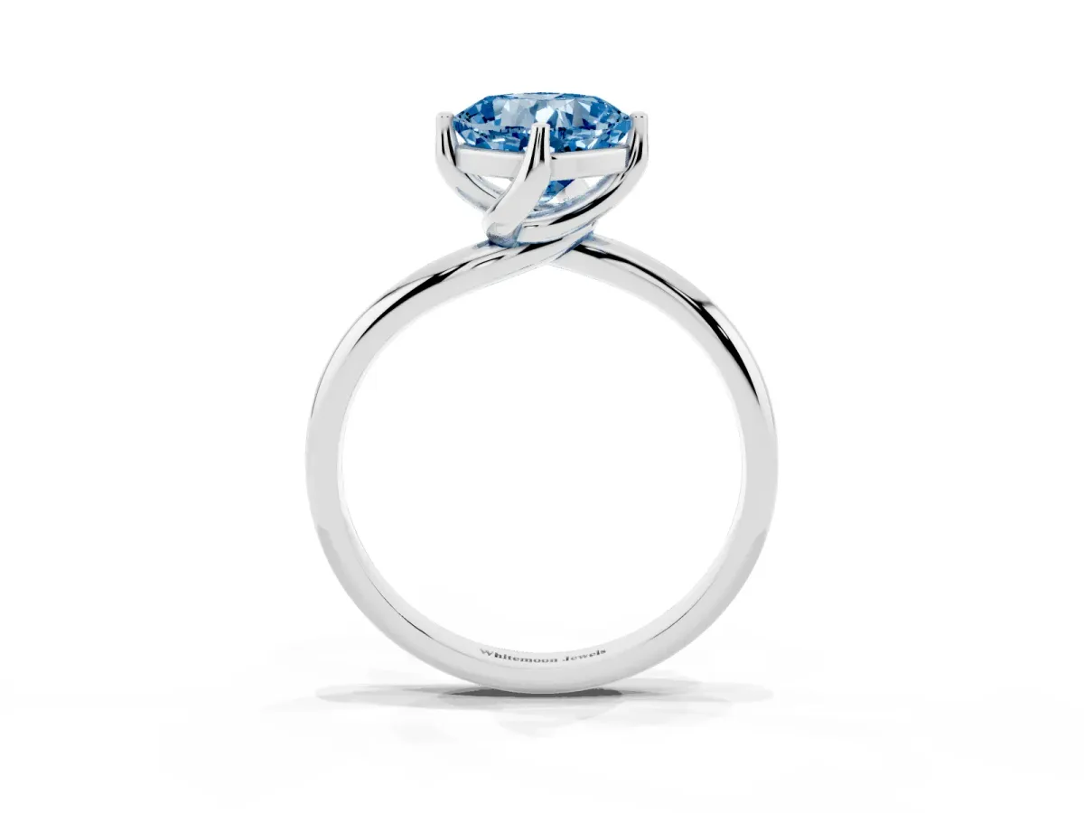 Fancy Blue Cushion Cut Diamond Solitaire Engagement Ring with Four-Prong Setting and Classic Band Silver