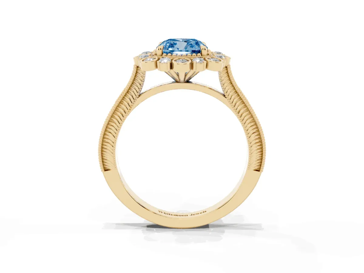 Fancy Blue Cushion Cut Halo Milgrain Pave Diamond Ring with Four-Prong Setting Yellow gold