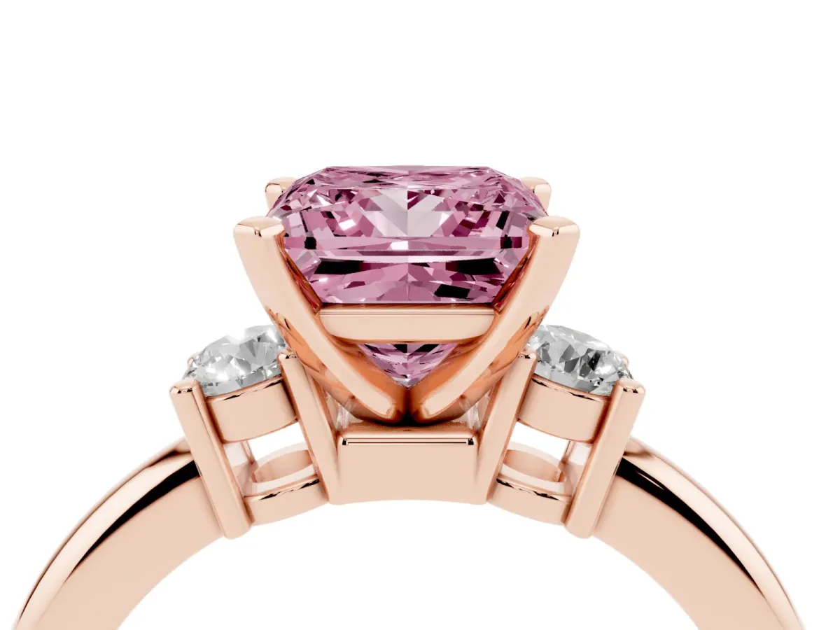 Fancy Pink Three-Stone Princess Cut Cut Diamond Solitaire with Prong Setting and Classic Band Rose gold