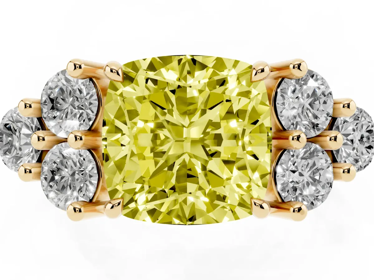 Fancy Yellow Cushion Cut Brilliant Diamond Cluster Accent Solitaire Ring with Prong Setting Yellow gold