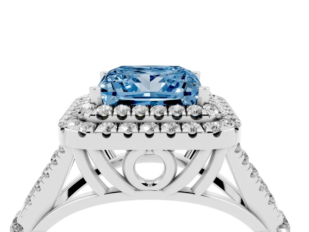 Fancy Blue Princess Cut Cut Double Halo Split Shank Diamond Ring with Prong Setting Silver