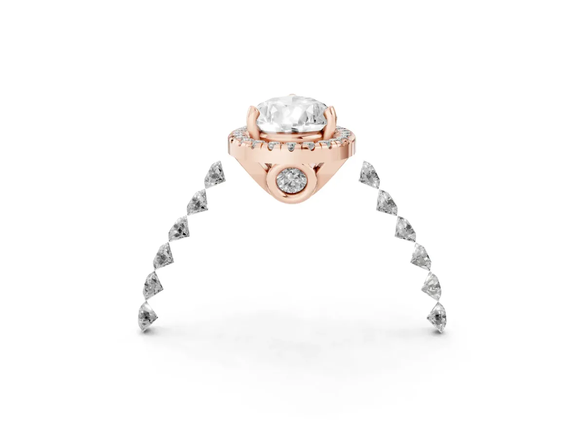 Pear Cut Halo Pavé Diamond Engagement Ring with Four-Prong Setting Rose gold