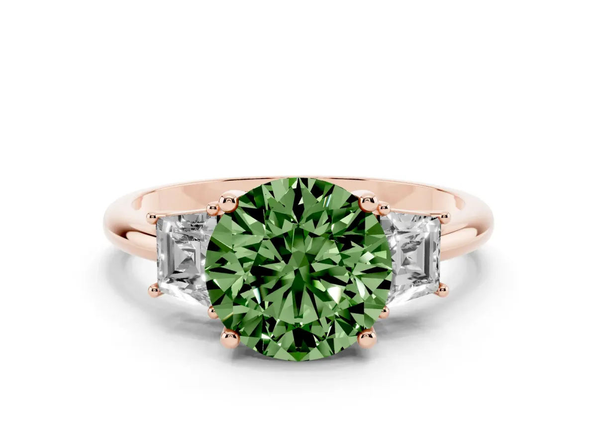 Fancy Green Round Cut Diamond Three-Stone Ring with Trapezoid Side Stones and Prong Setting Rose gold