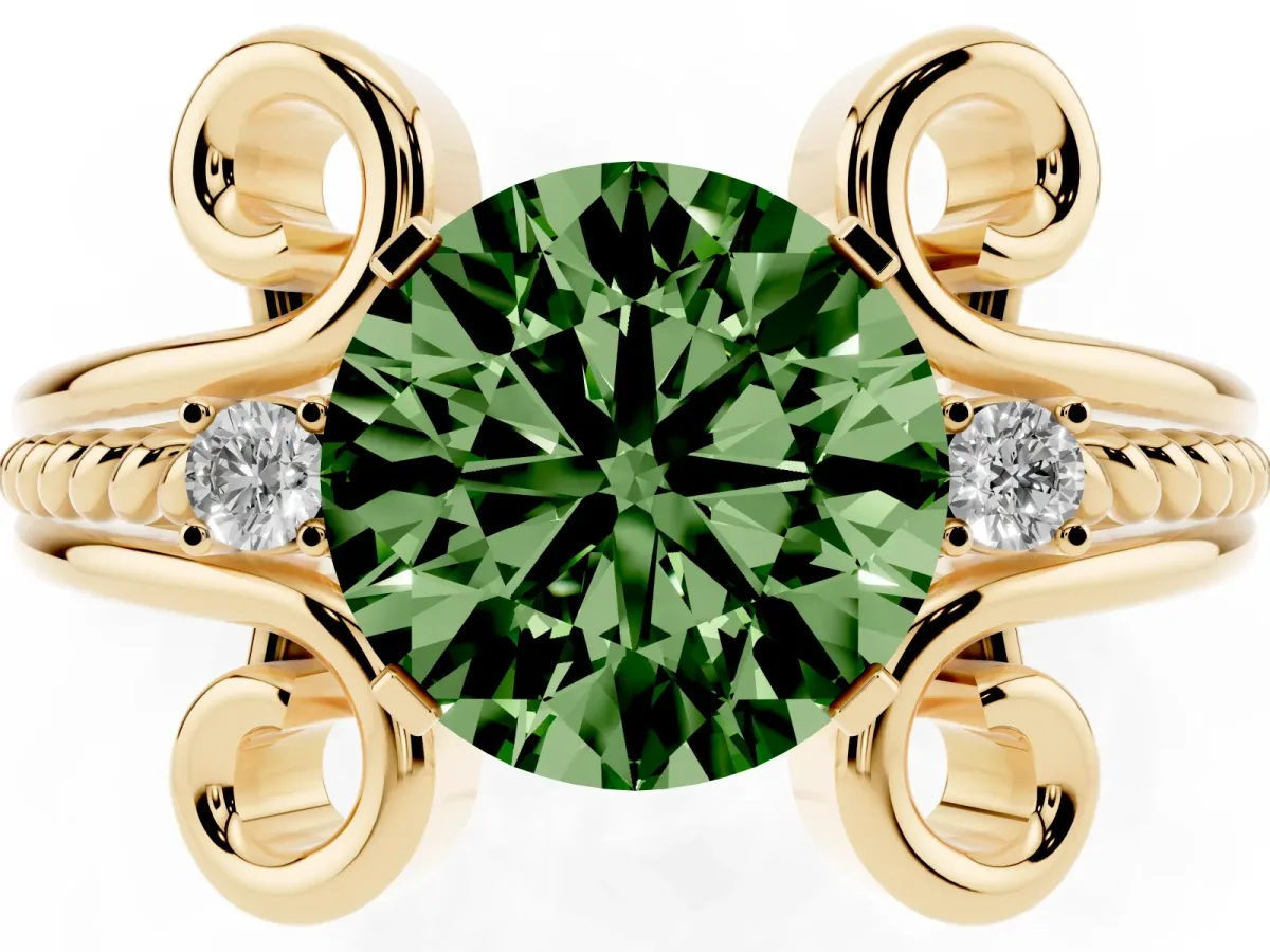 Fancy Green Round Cut Solitaire Twisted Band Scroll Prong Ring Yellow gold