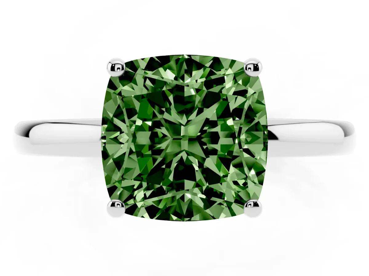 Fancy Green Cushion Cut Solitaire Diamond Ring with Prong Setting and Plain Band Silver