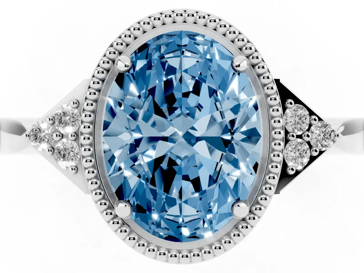 Fancy Blue Oval Cut Diamond Halo Ring with Tapered Band and Four-Prong Setting Platinum