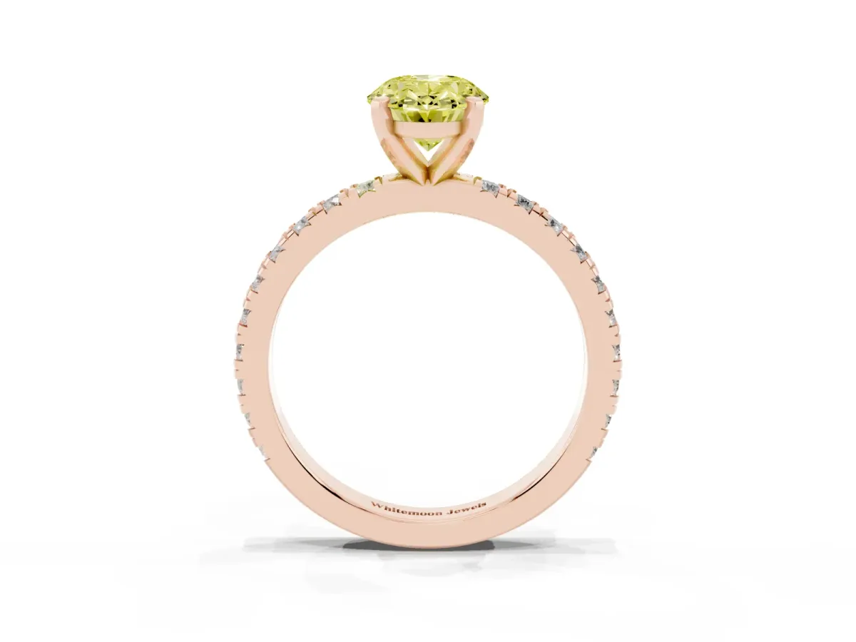 Fancy Yellow Oval Cut Diamond Pavé Band Solitaire with Four-Prong Setting Rose gold