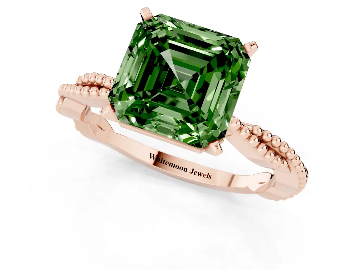 Fancy Green Asscher Cut Solitaire Twisted Band with Bead Prong Setting Rose gold