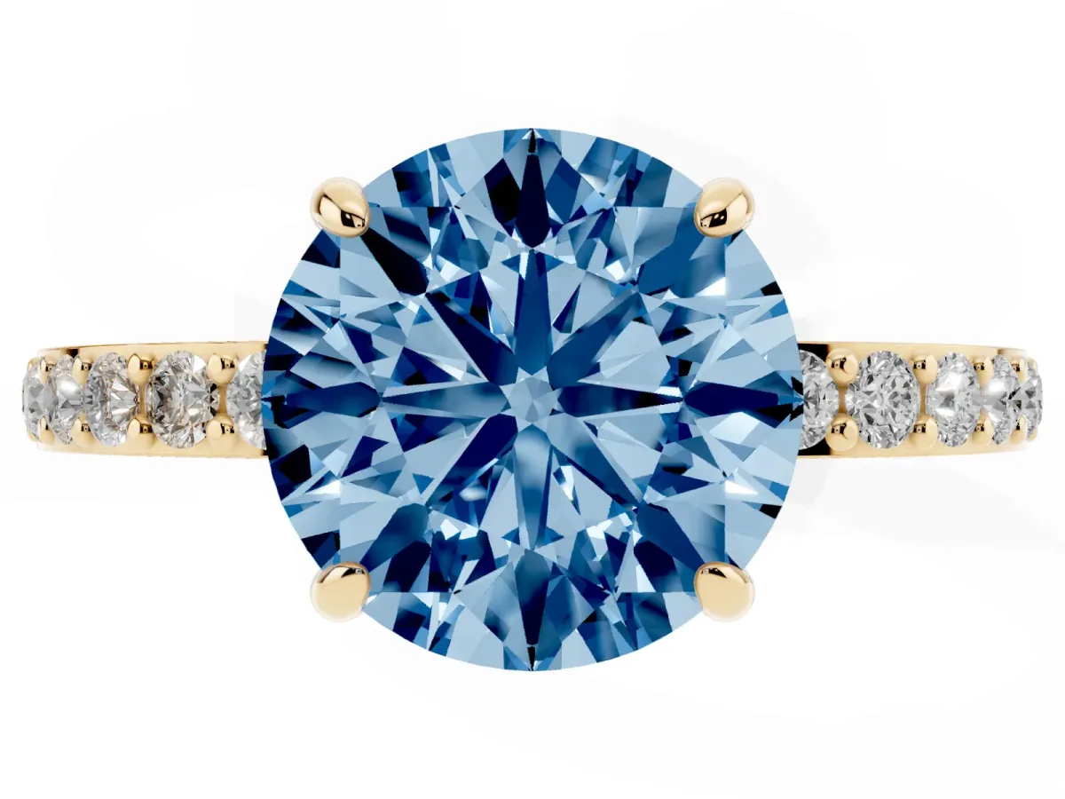 Fancy Blue Round Cut Diamond Pavé Engagement Ring with Round Accents and Prong Setting Yellow gold