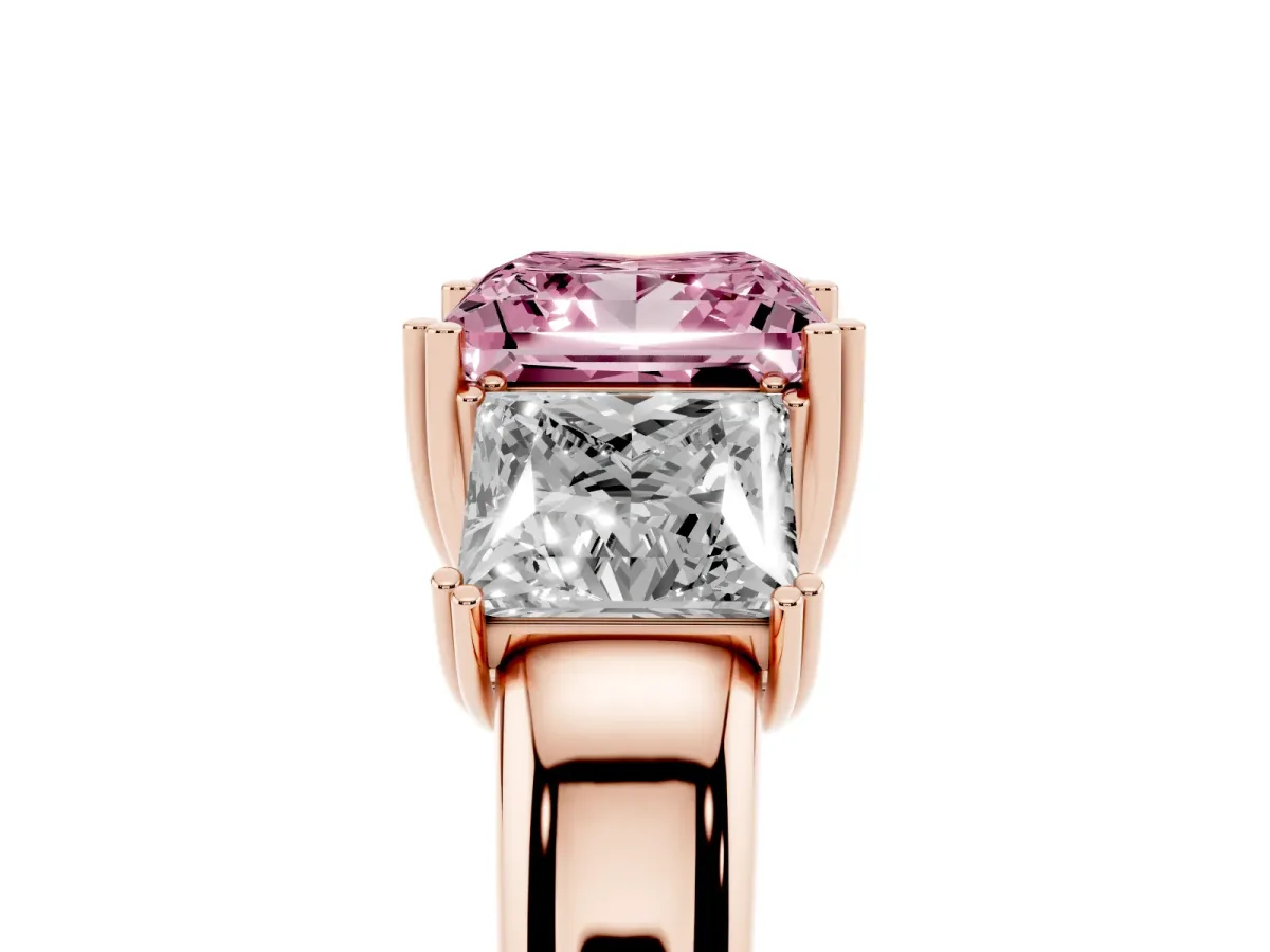 Fancy Pink Three-Stone Princess Cut Cut Diamond Ring with Channel Set Band and Four-Prong Setting Rose gold