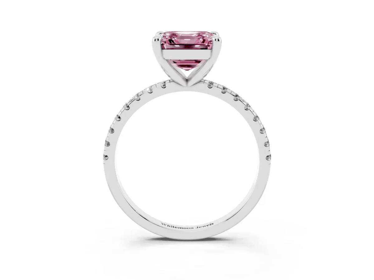 Fancy Pink Asscher Cut Diamond Brilliant Solitaire Ring with Pavé Band and Four-Prong Setting Silver