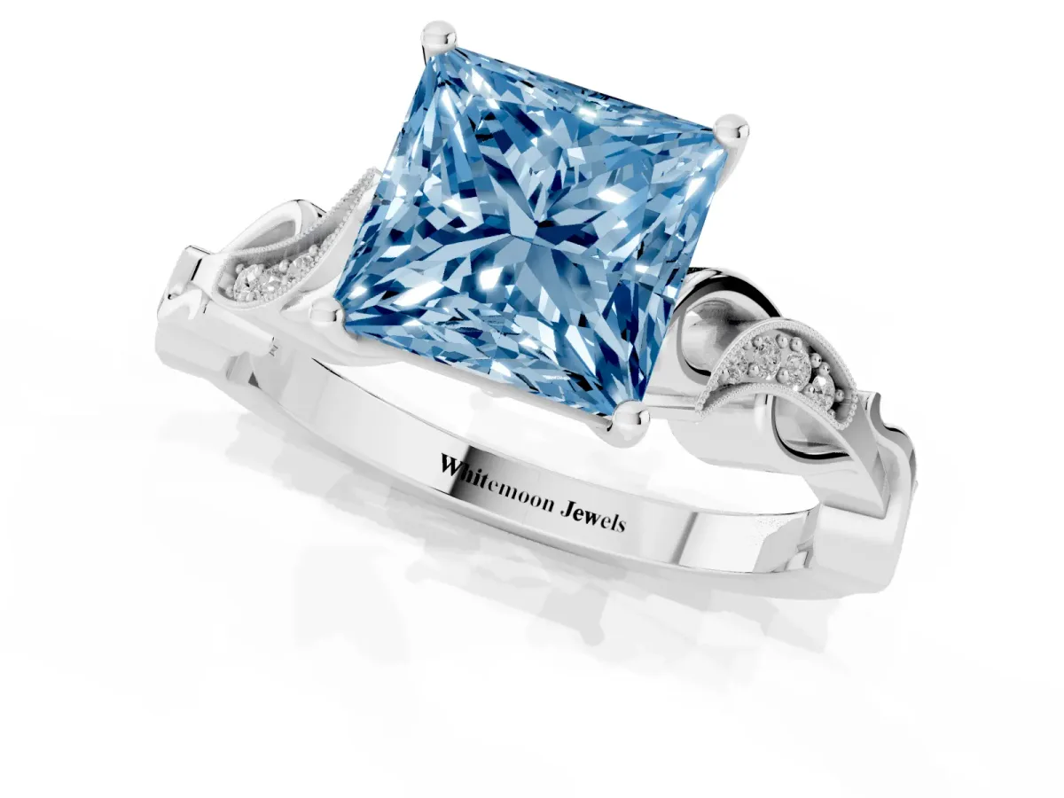Fancy Blue Princess Cut Solitaire Vine Band with Milgrain Prong Setting Silver