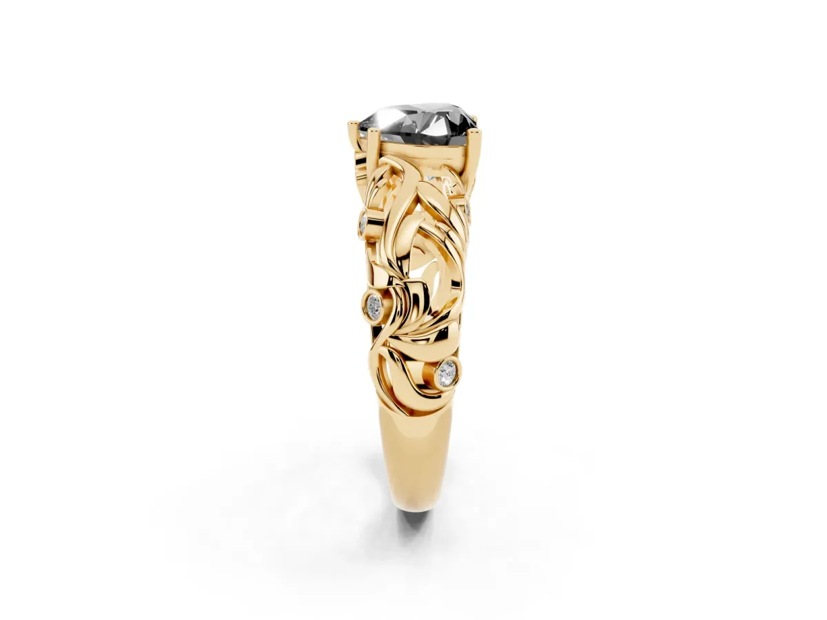 Fancy Black Heart Cut Solitaire Diamond Leaf-Inspired Vine Band Ring with Prong Setting Yellow gold