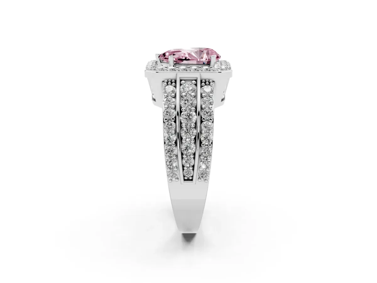 Fancy Pink Pear Cut Halo Diamond Ring with Round Split Shank and Prong Setting Platinum