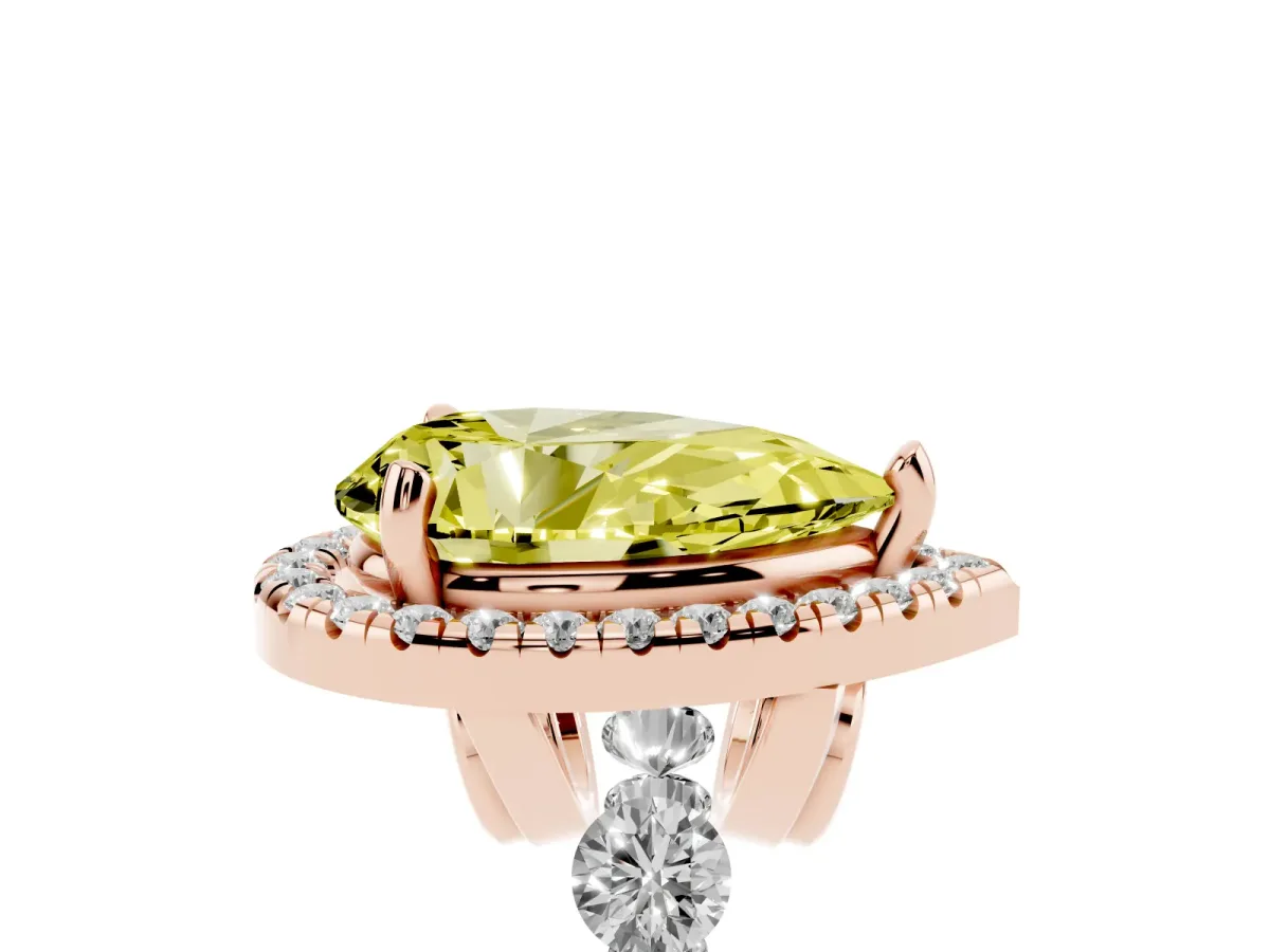 Fancy Yellow Pear Cut Halo Pavé Diamond Engagement Ring with Four-Prong Setting Rose gold