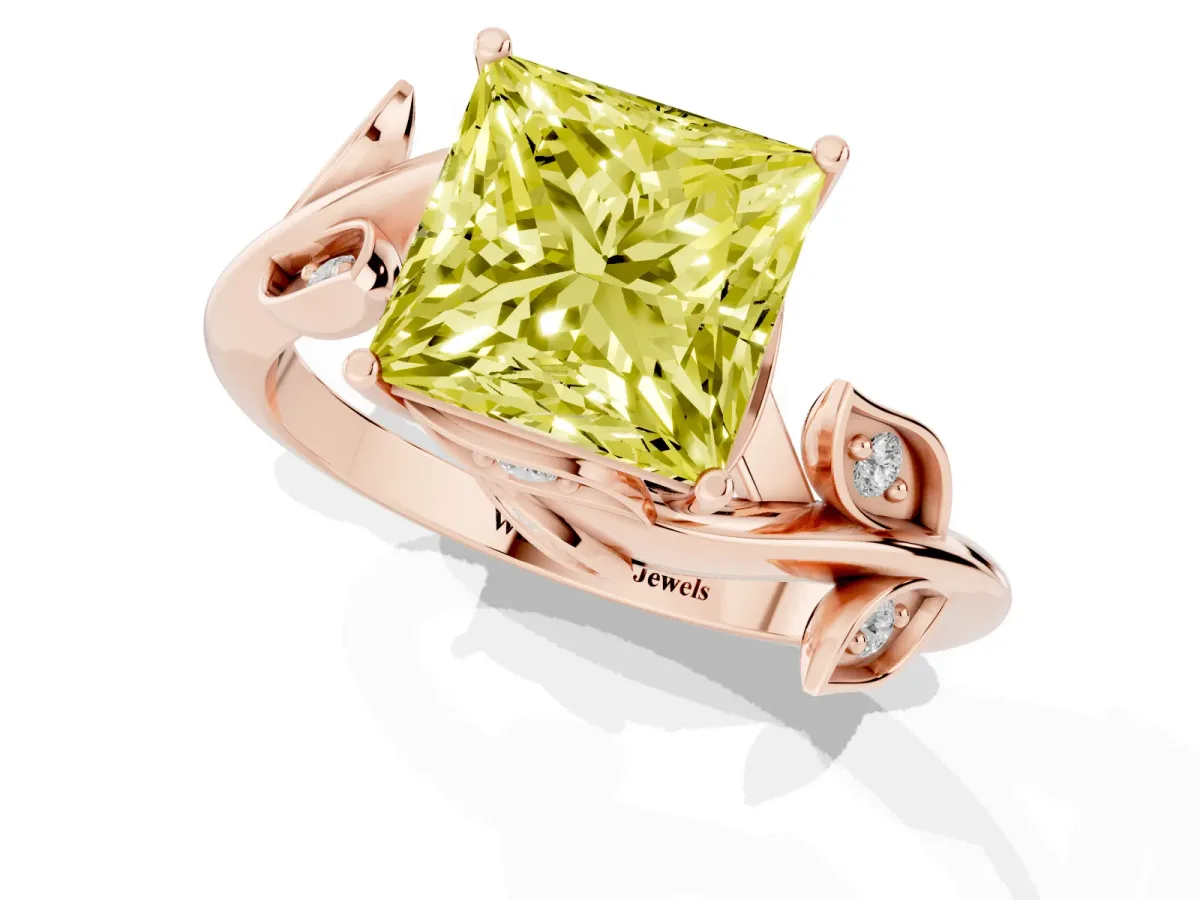 Fancy Yellow Princess Cut Solitaire Twist Engagement Ring with Leaf Accents and Prong Setting Rose gold