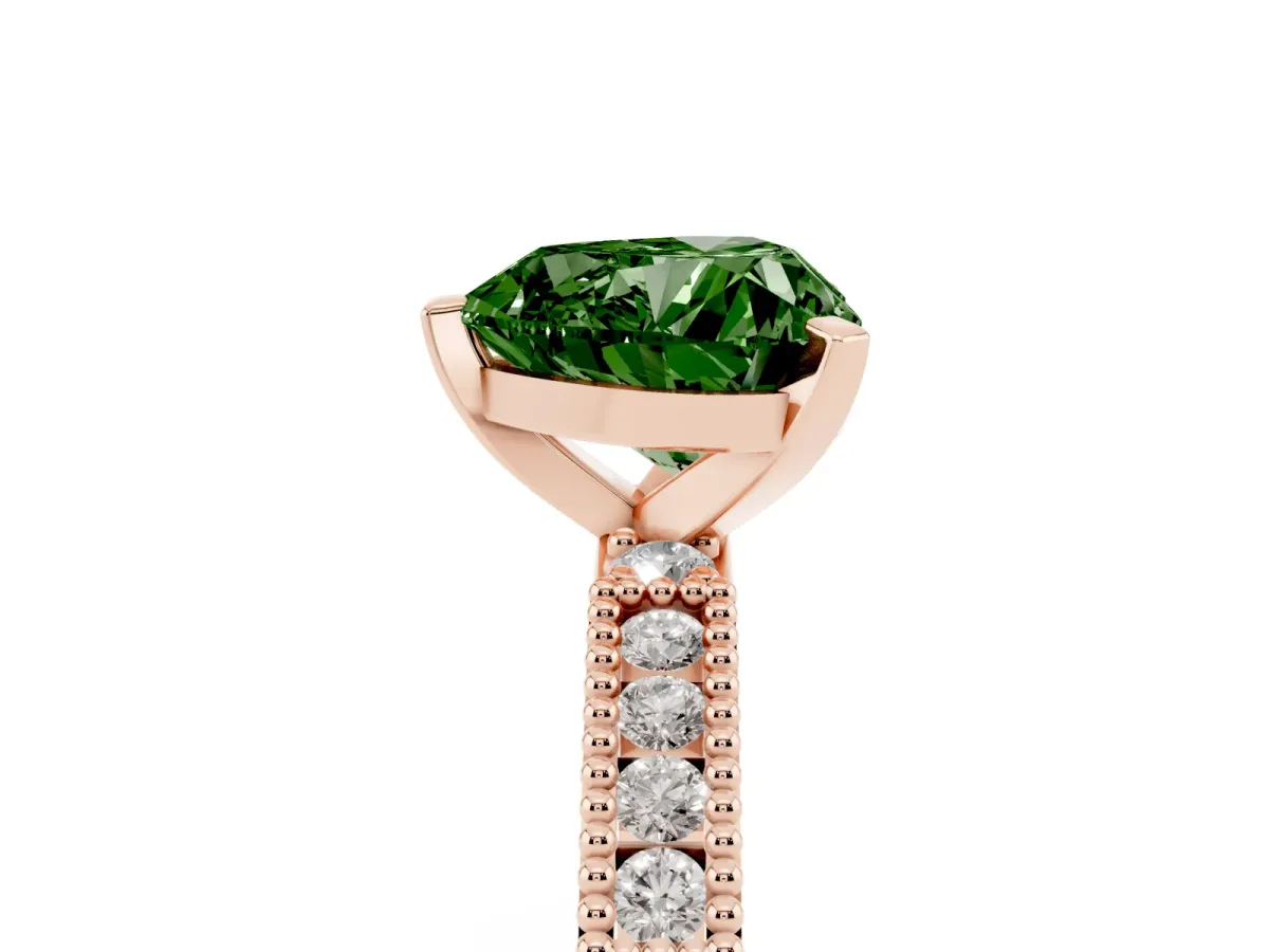 Fancy Green Heart Cut Solitaire with Pavé Band and Four-Prong Setting Rose gold