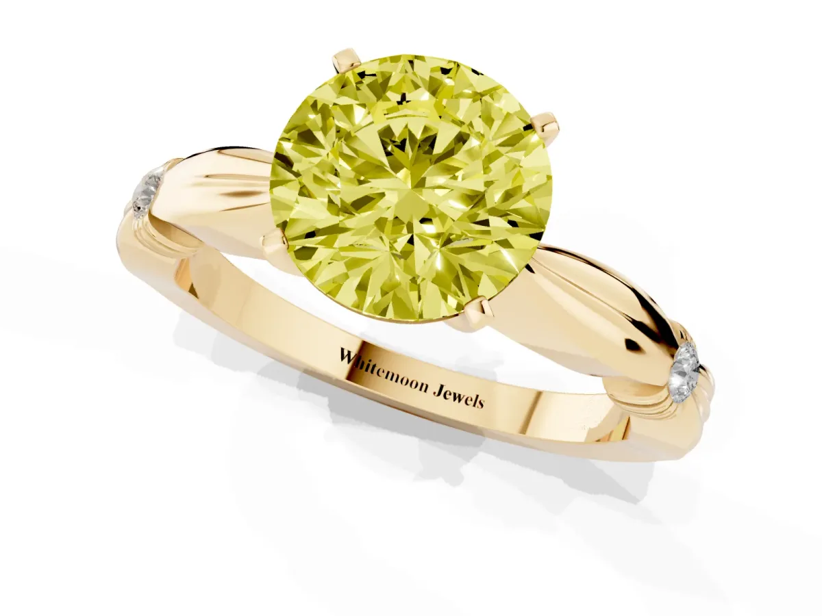 Fancy Yellow Round Cut Solitaire Diamond Twisted Band with Four-Prong Setting Yellow gold