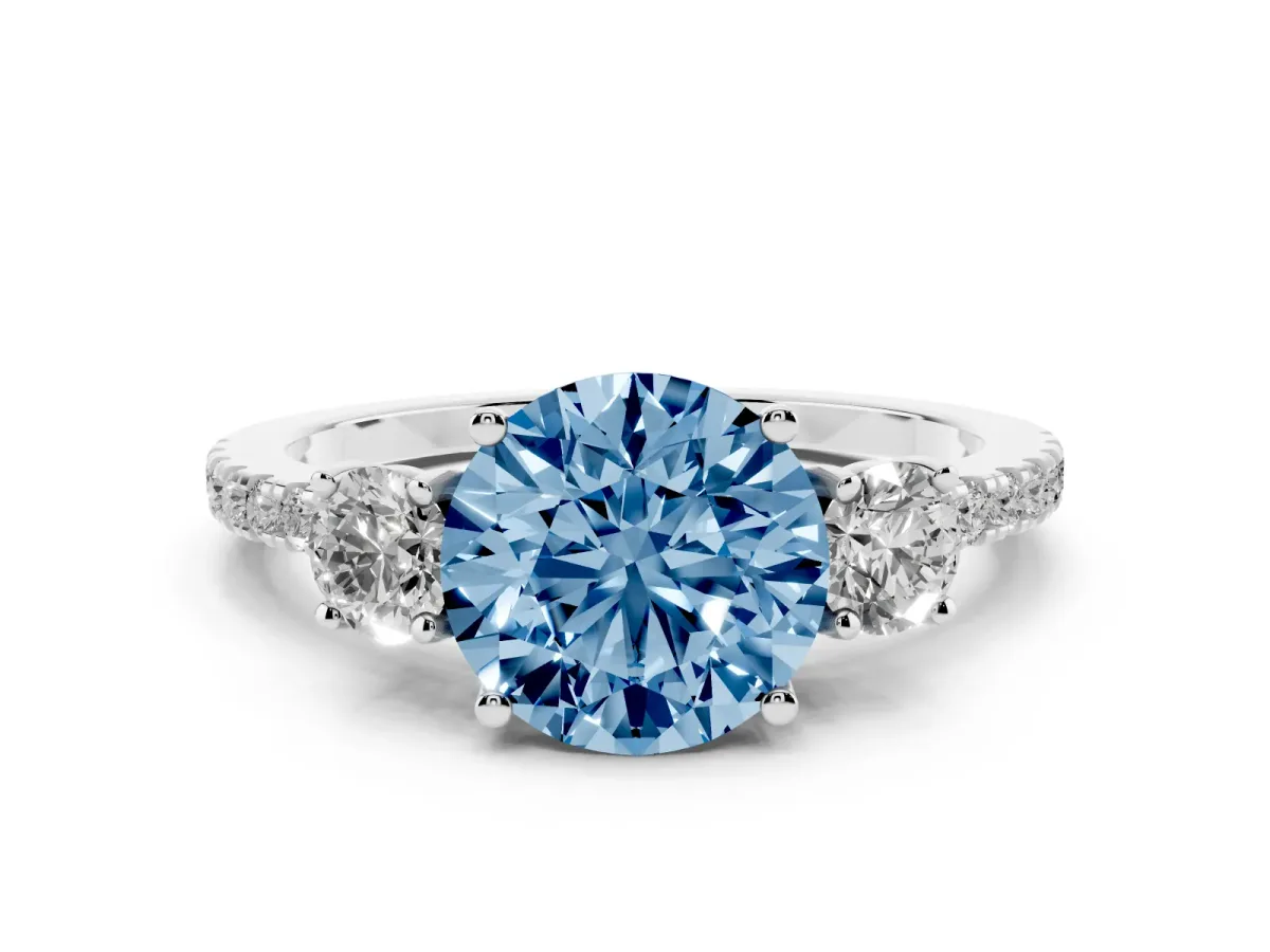 Fancy Blue Three-Stone Round Cut Cut Diamond Pavé Band with Prong Setting Silver