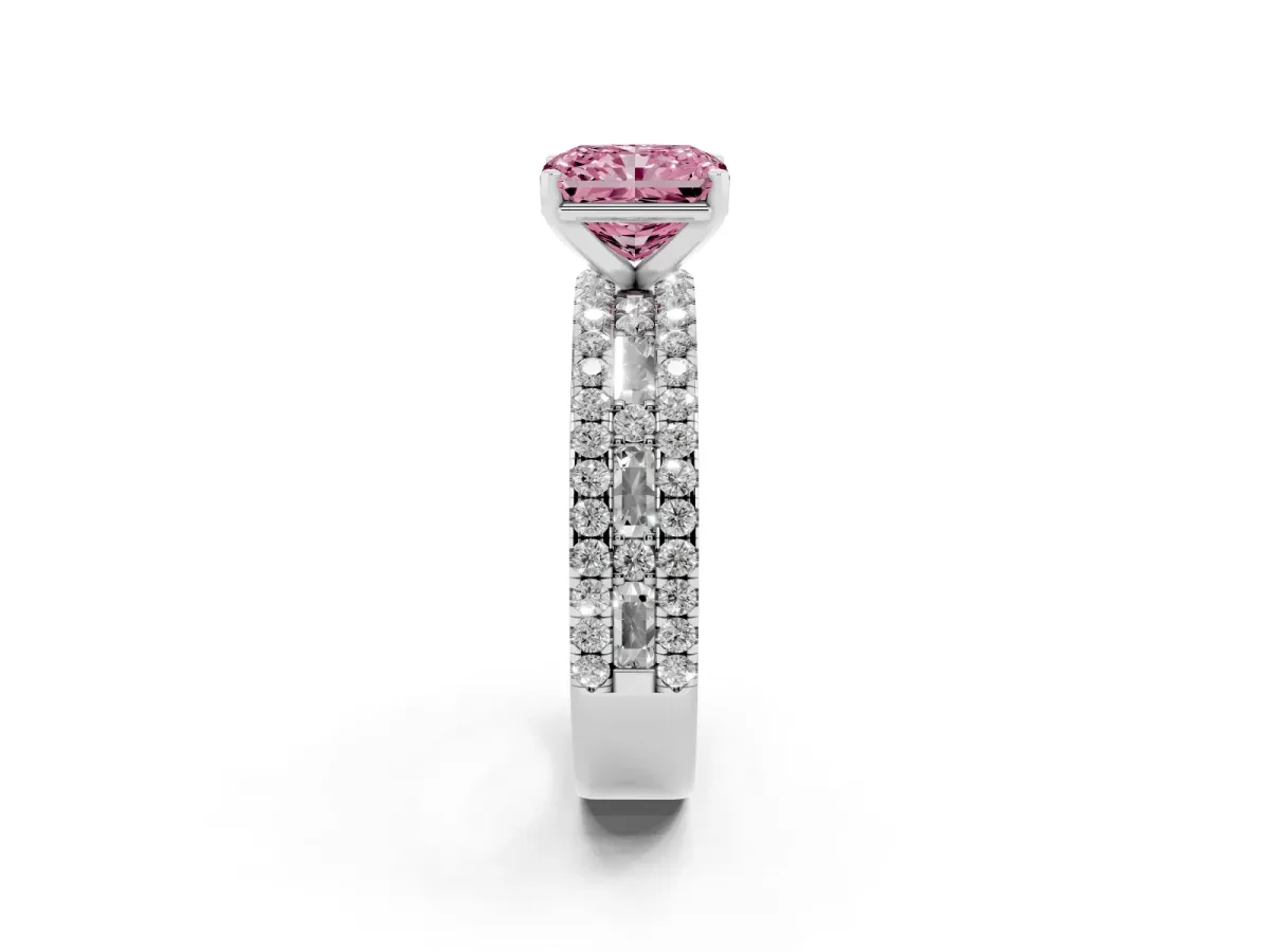 Fancy Pink Radiant Cut Diamond Solitaire Ring with Pavé and Channel Set Band Platinum