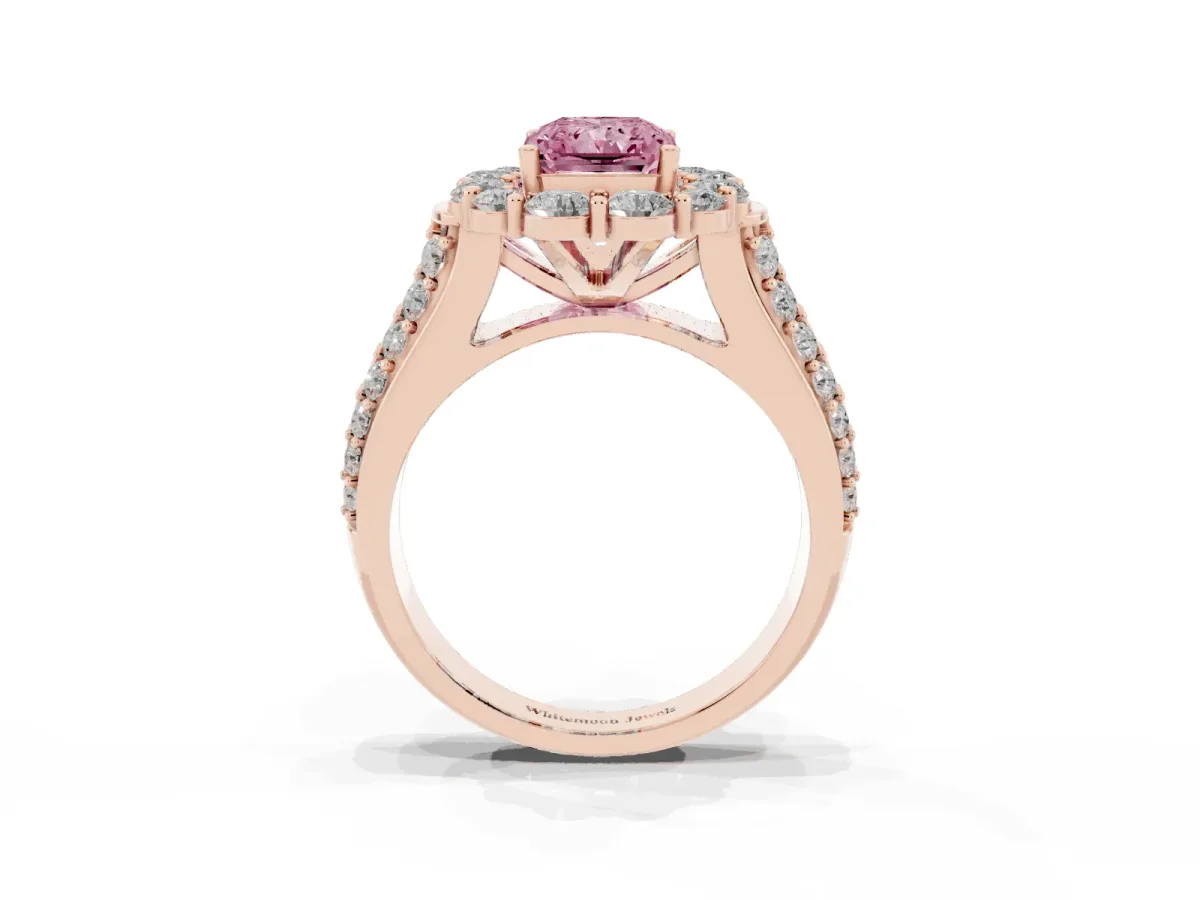 Fancy Pink Radiant Cut Halo Diamond Engagement Ring with Split Shank and Prong Setting Rose gold