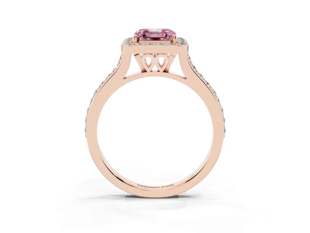 Fancy Pink Asscher Cut Diamond Halo Engagement Ring with Round Pavé Shoulders and Prong Setting Rose gold