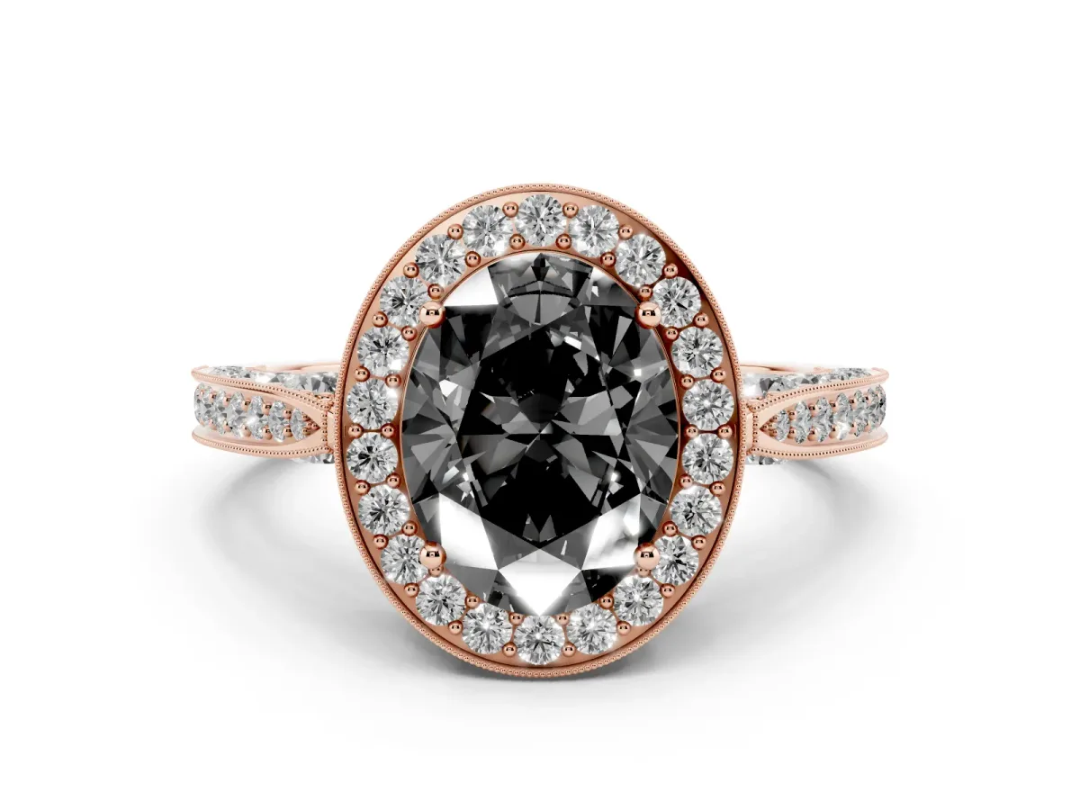 Fancy Black Oval Cut Halo Diamond Engagement Ring with Split Shank Band and Four-Prong Setting Rose gold