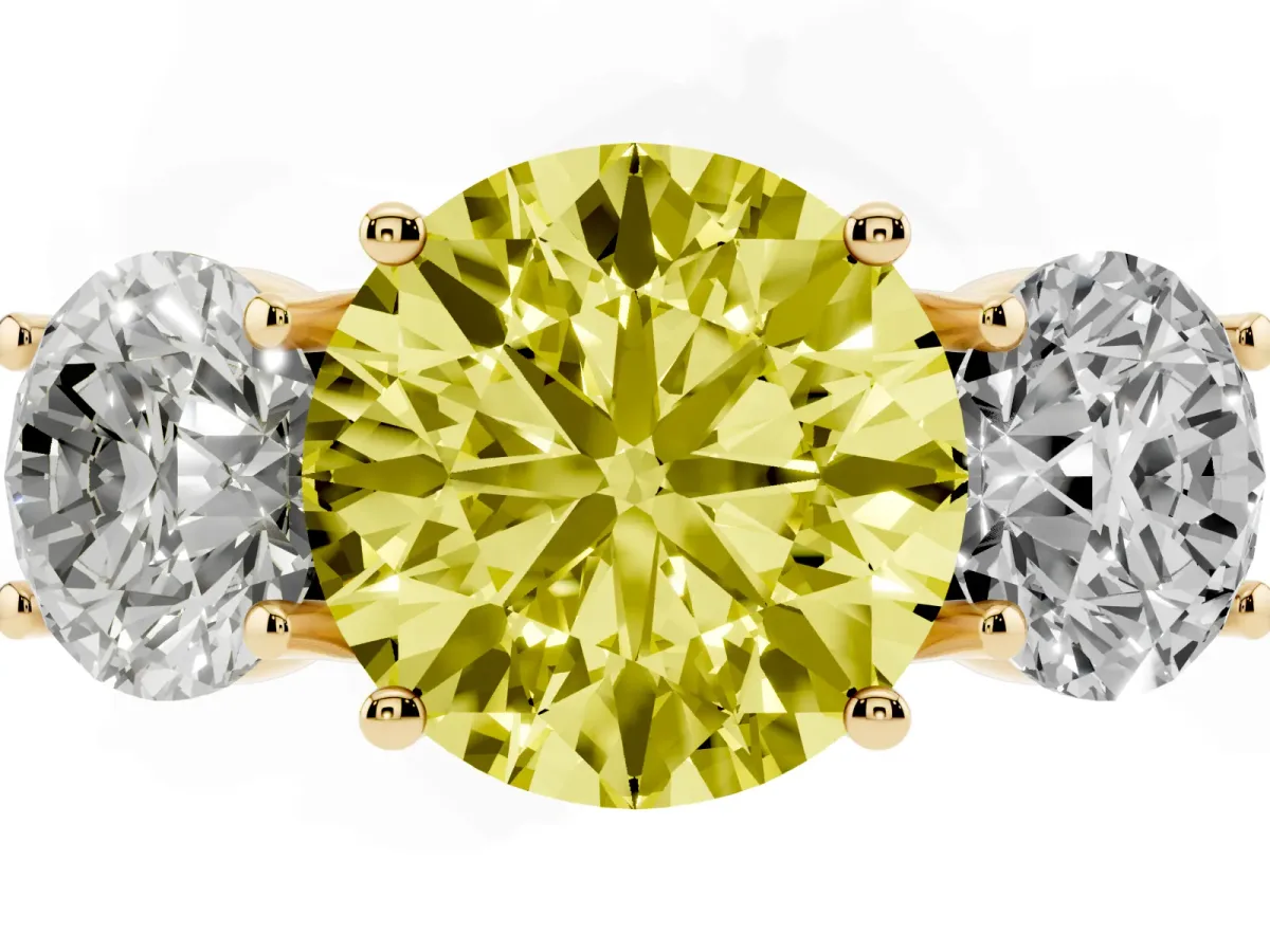 Fancy Yellow Three-Stone Round Cut Diamond Engagement Ring with Prong Setting Yellow gold
