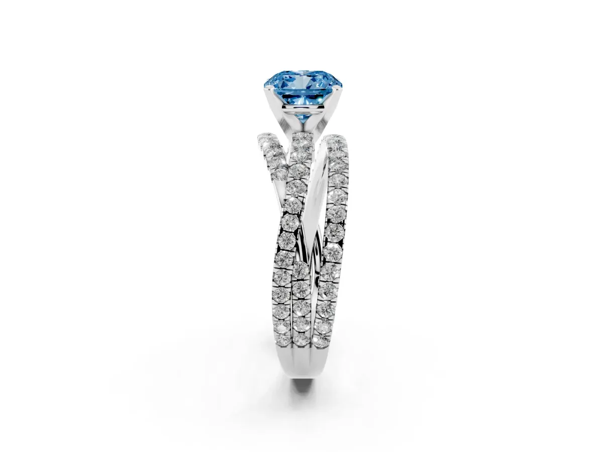 Fancy Blue Cushion Cut Solitaire Twist Band with Pavé Setting and Four-Prong Setting Silver