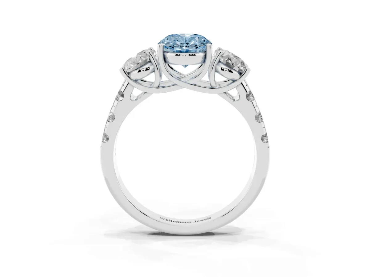 Fancy Blue Three-Stone Oval Cut Diamond Pavé Band with Prong Setting Platinum