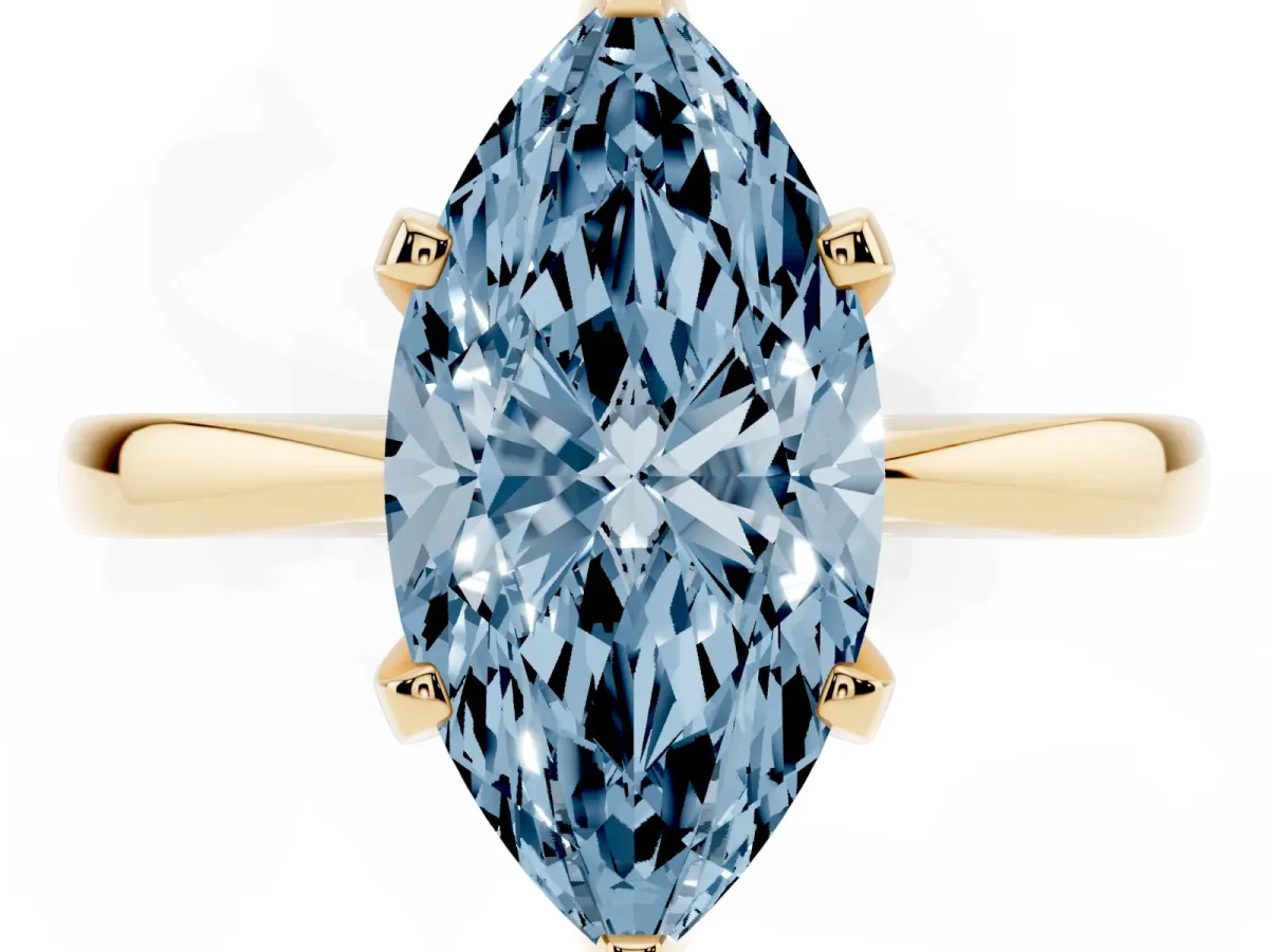 Fancy Blue Marquise Cut Solitaire Engagement Ring with Six-Prong Setting and Tapered Band Yellow gold