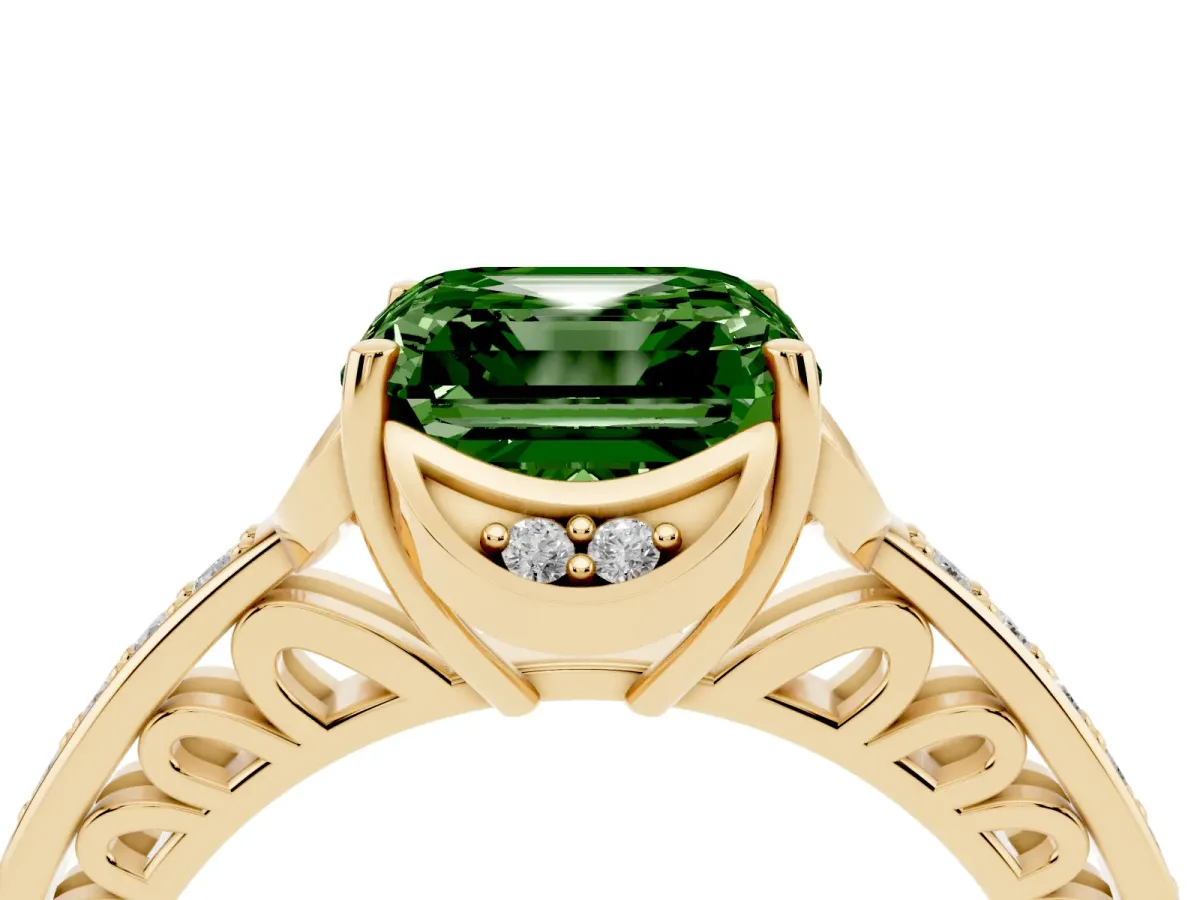 Fancy Green Asscher Cut Cut Halo Diamond Ring with Channel Set Band and Four-Prong Setting Yellow gold
