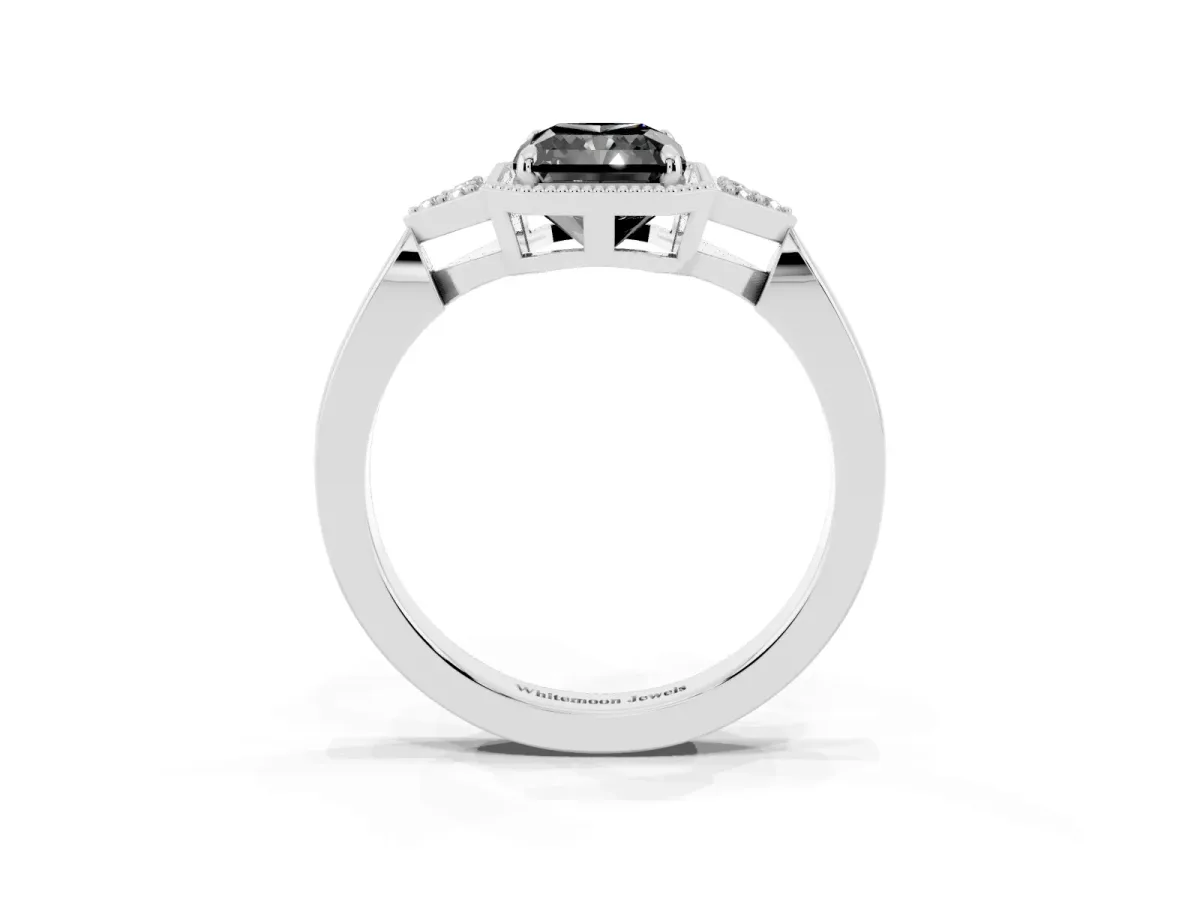 Fancy Black Hexagonal Halo Radiant Cut Diamond Solitaire with Pavé Band and Four-Prong Setting White gold
