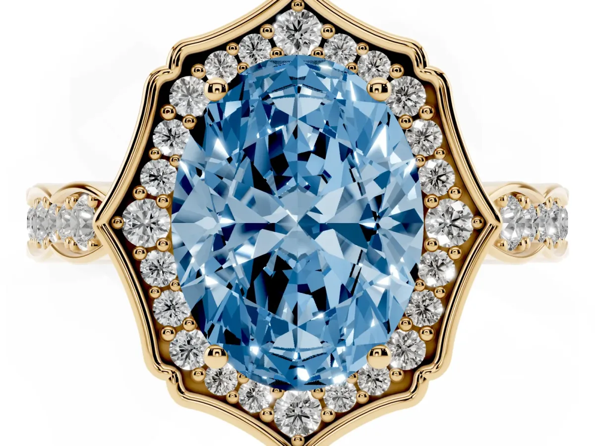 Fancy Blue Oval Cut Halo Diamond Engagement Ring with Milgrain Band and Four-Prong Setting Yellow gold
