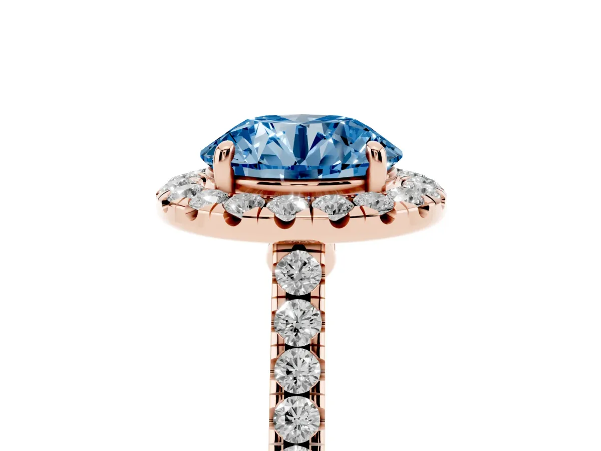 Fancy Blue Round Cut Halo Pave Diamond Engagement Ring with Four-Prong Setting Rose gold
