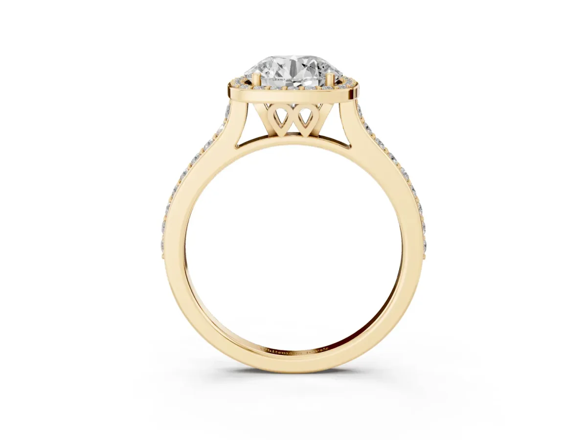 Round Cut Diamond Halo Engagement Ring with Round Pavé Shoulders and Prong Setting Yellow gold