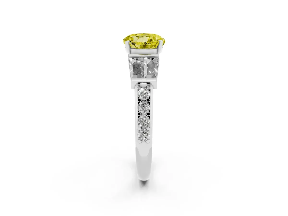 Fancy Yellow Round Cut Diamond Engagement Ring with Baguette Side Stones and Channel Set Band Silver