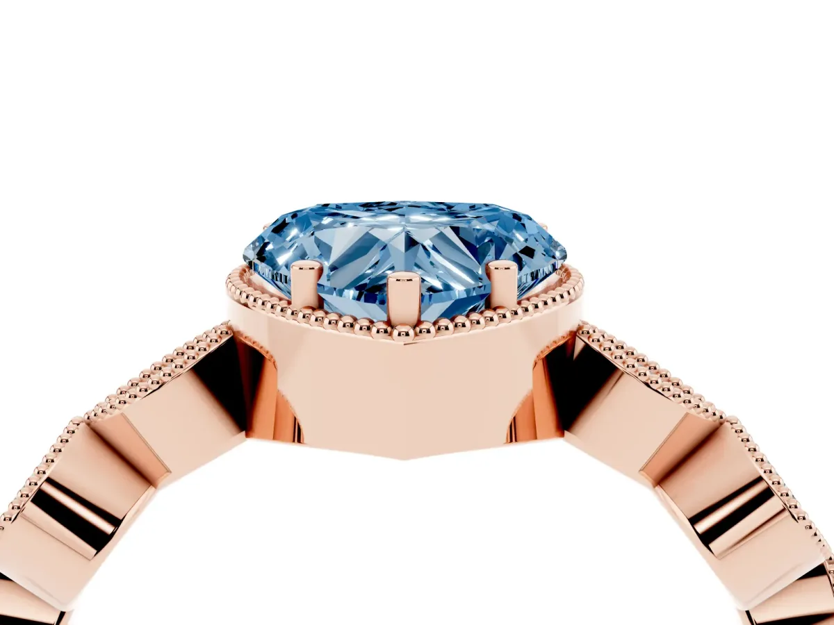 Fancy Blue Heart Cut Diamond Vintage Milgrain Ring with Round Stations Rose gold