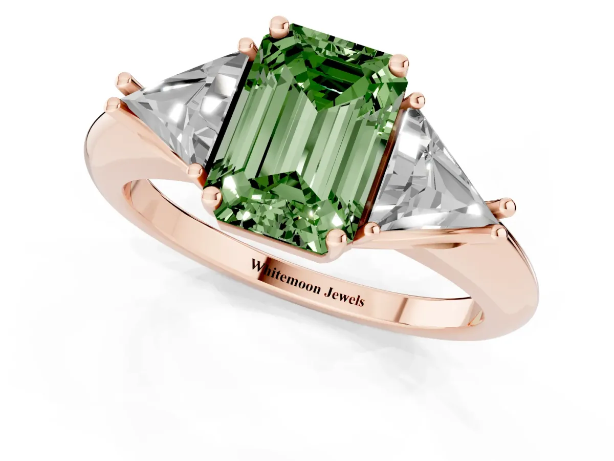 Fancy Green Three-Stone Emerald Cut Diamond Engagement Ring with Trillion Side Stones and Prong Setting Rose gold