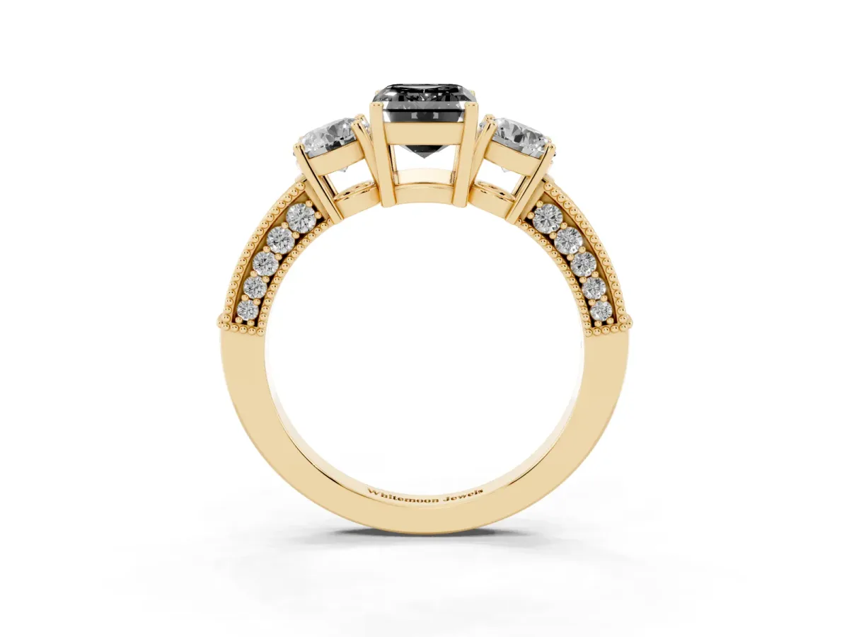 Fancy Black Emerald Cut Three-Stone Diamond Ring with Pavé Band and Four-Prong Setting Yellow gold
