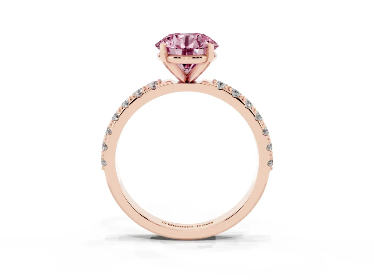Fancy Pink Round Cut Diamond Solitaire Pavé Band with Four-Prong Setting Rose gold