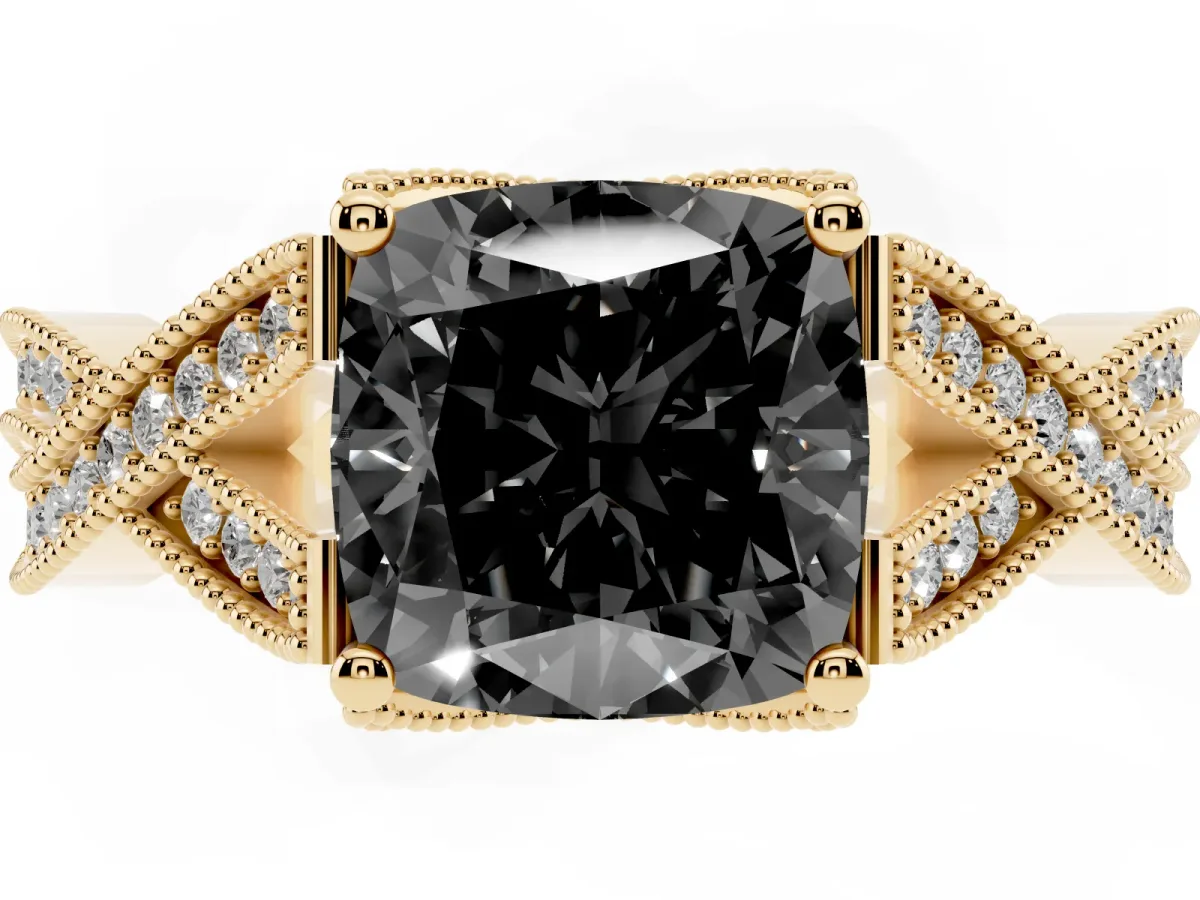 Fancy Black Cushion Cut Cut Diamond Twisted Band with Milgrain Pave Setting and Four-Prong Setting Yellow gold