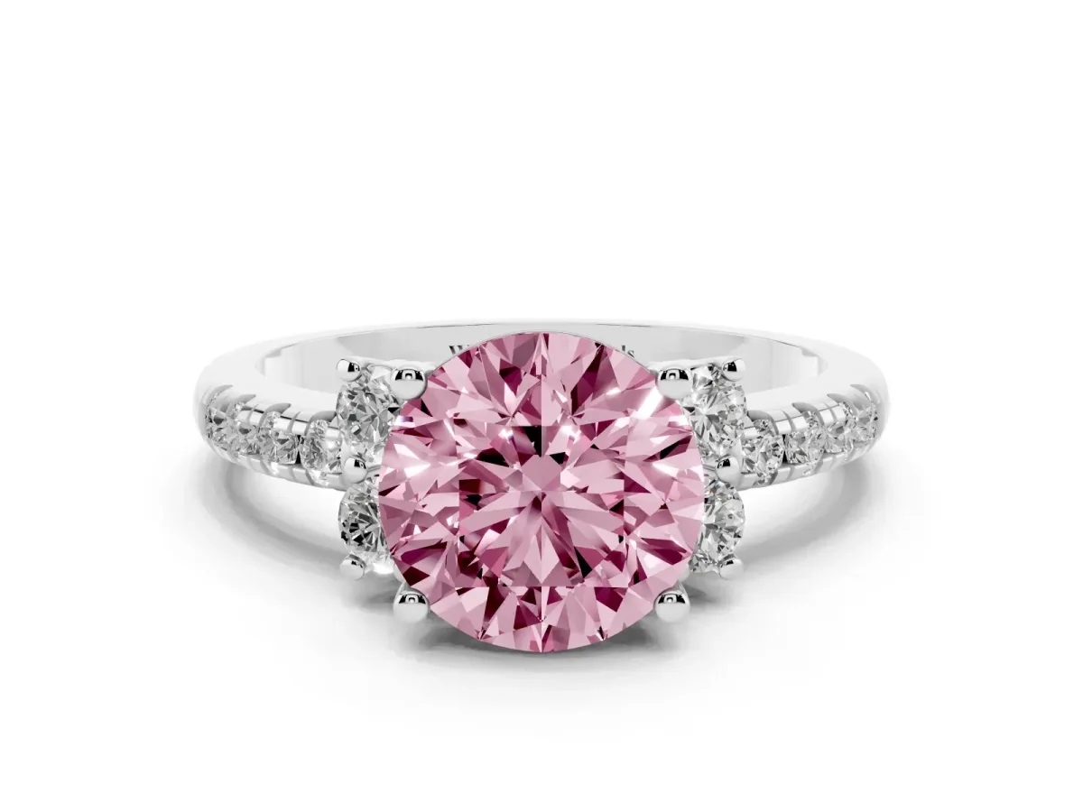 Fancy Pink Round Cut Diamond Three-Stone Pave Band with Four-Prong Setting Silver