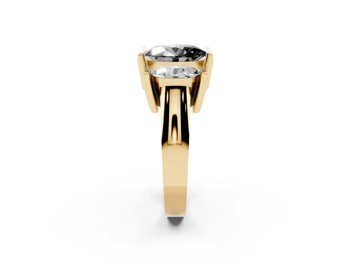Fancy Black Three Stone Oval Cut Cut Channel Set Diamond Ring Yellow gold