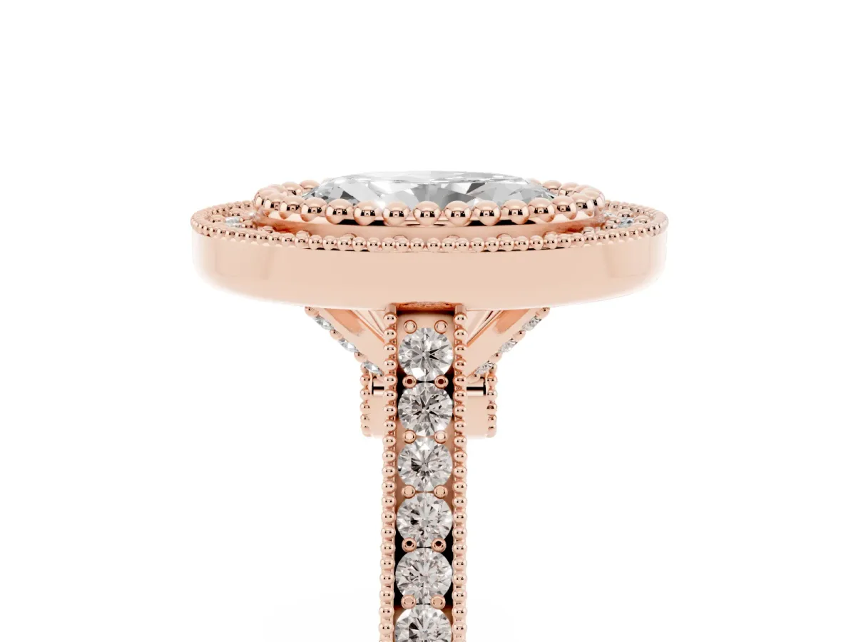 Oval Cut Diamond Halo Ring with Milgrain Frame and Pavé Band Rose gold